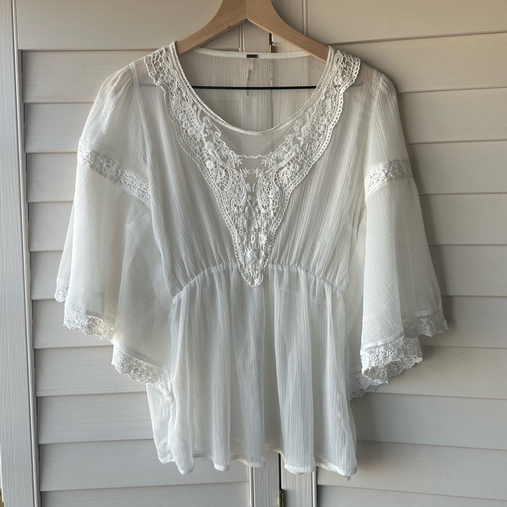Free People White Sheer Crochet Flowy Top